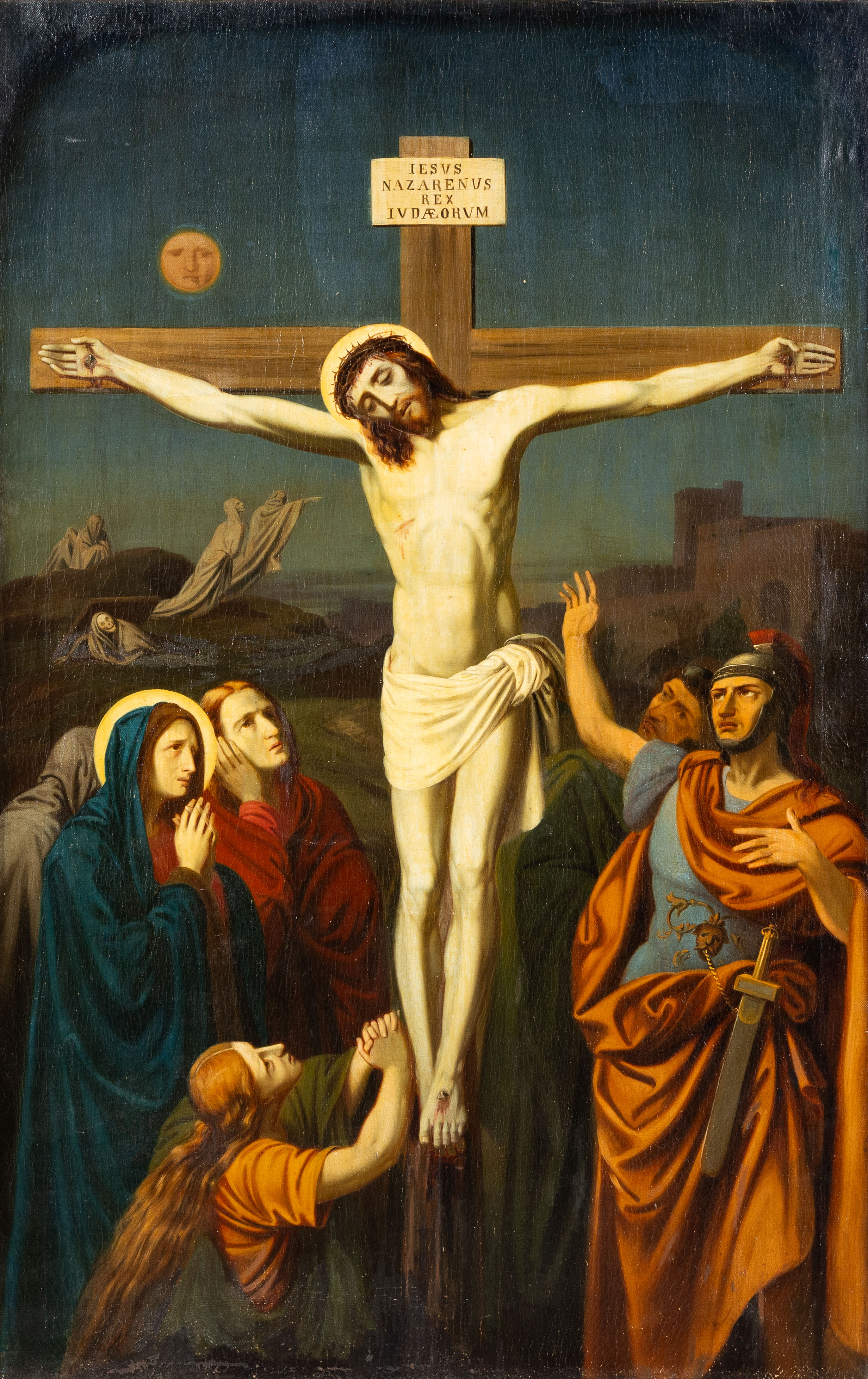 Christ hanging from the Cross, with Saint Longinus, an antique painting, oil on canvas, 19th C. (L:84 x H:131 cm)